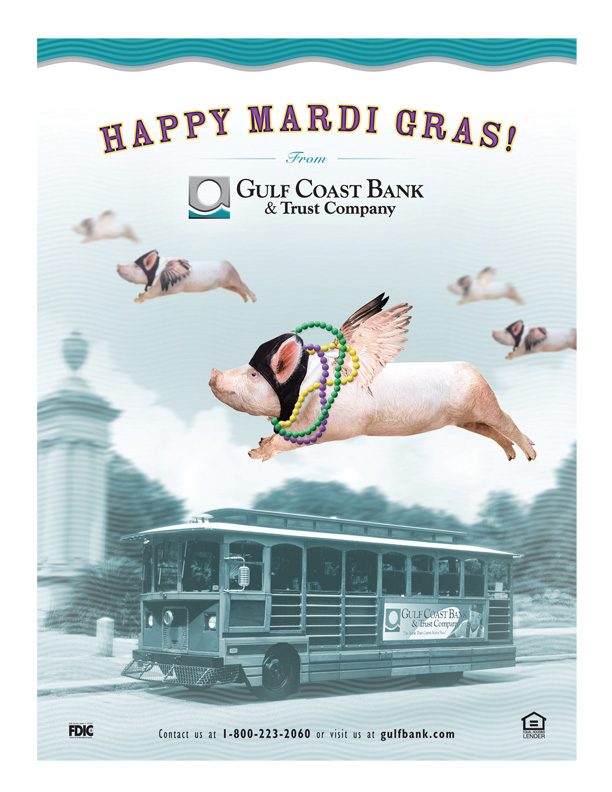 Gulf Coast Bank & Trust "Happy Mardi Gras" ad with a flying pig over a streetcar