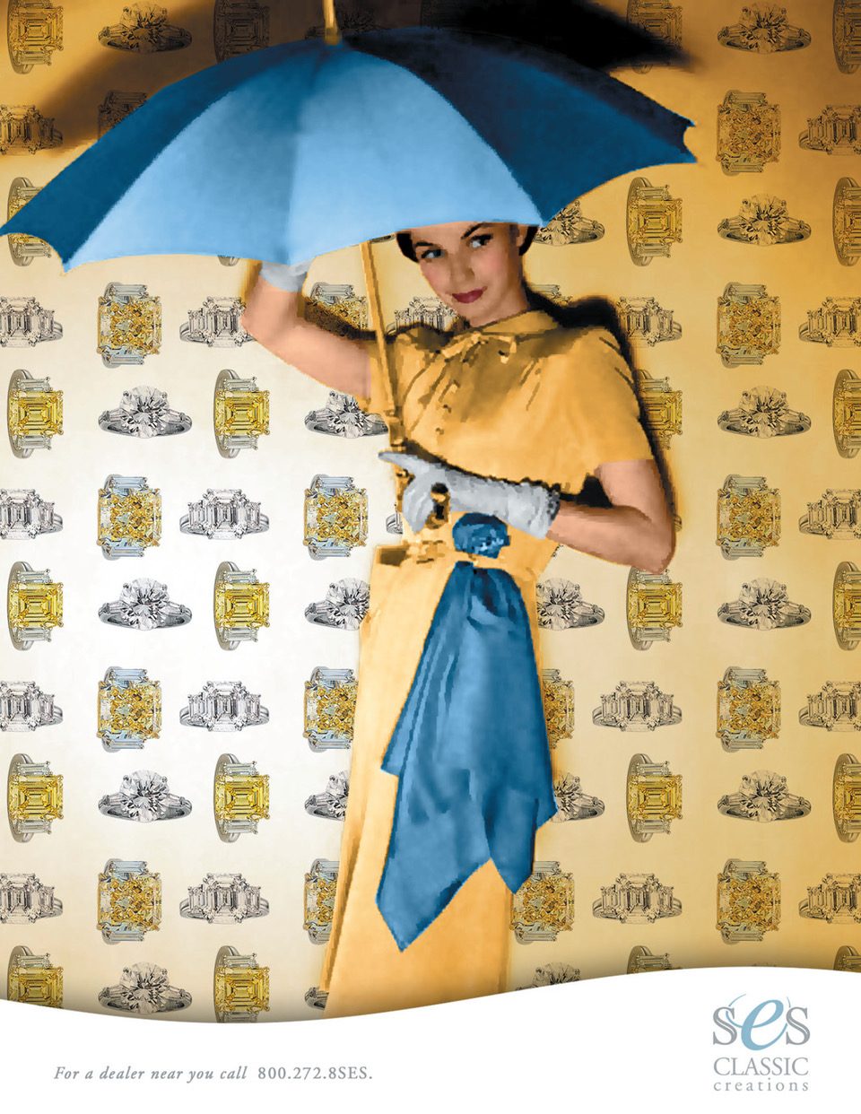 SES Classic Creations jewelry ad with a woman under a blue umbrella against a wall of diamond rings